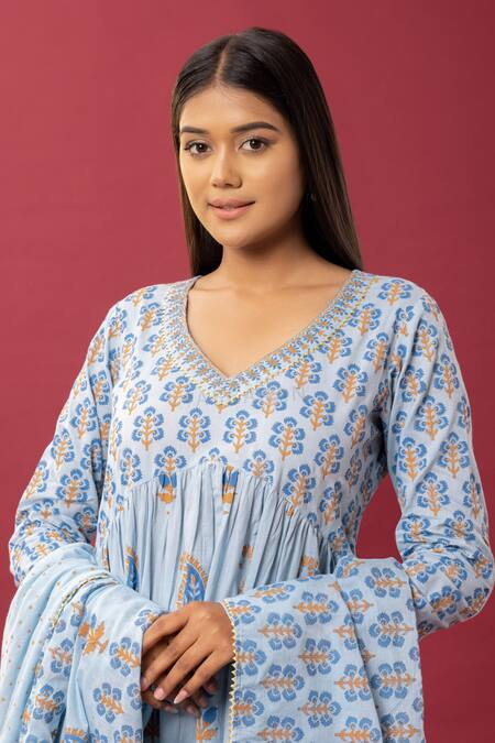 Abbaran Blue Cotton Gota Patti, Paisley And Floral Block Print Anarkali Palazzo Set at Aza Fashions Abbaran_Blue Cotton Gota Patti, Paisley And Floral Block Print Anarkali Palazzo Set _at_Aza_Fashions