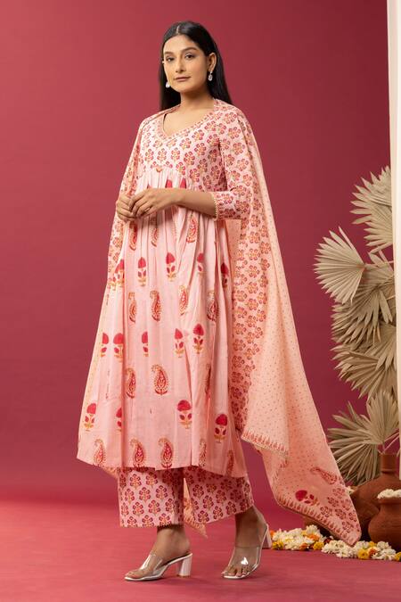 Buy Abbaran Pink Cotton Embroidery V-neck Paisley And Floral Print Anarkali Palazzo Set Online at Aza Fashions Buy_Abbaran_Pink Cotton Embroidery V-neck Paisley And Floral Print Anarkali Palazzo Set _Online_at_Aza_Fashions