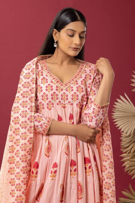 Shop Abbaran Pink Cotton Embroidery V-neck Paisley And Floral Print Anarkali Palazzo Set Online at Aza Fashions Shop_Abbaran_Pink Cotton Embroidery V-neck Paisley And Floral Print Anarkali Palazzo Set _Online_at_Aza_Fashions