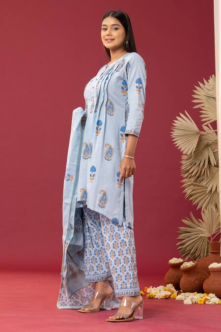 Shop Abbaran Blue , Satin Embroidery Round Neck Block Print Kurta Salwar Set Online at Aza Fashions Shop_Abbaran_Blue , Satin Embroidery Round Neck Block Print Kurta Salwar Set _Online_at_Aza_Fashions