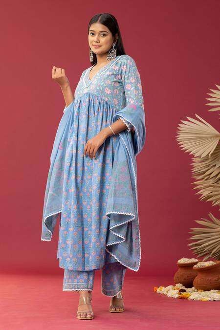Abbaran_Blue Cotton Embroidery V-neck Floral Print Anarkali Palazzo Set _Online_at_Aza_Fashions