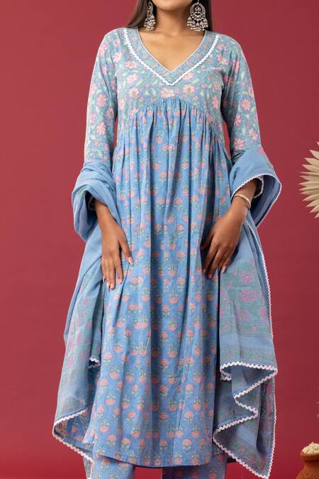 Buy_Abbaran_Blue Cotton Embroidery V-neck Floral Print Anarkali Palazzo Set _Online_at_Aza_Fashions