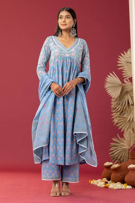 Shop_Abbaran_Blue Cotton Embroidery V-neck Floral Print Anarkali Palazzo Set _Online_at_Aza_Fashions