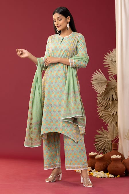 Abbaran Green Cotton Embroidery Scoop Neck Floral Print Asymmetric Kurta Palazzo Set Online at Aza Fashions Abbaran_Green Cotton Embroidery Scoop Neck Floral Print Asymmetric Kurta Palazzo Set _Online_at_Aza_Fashions