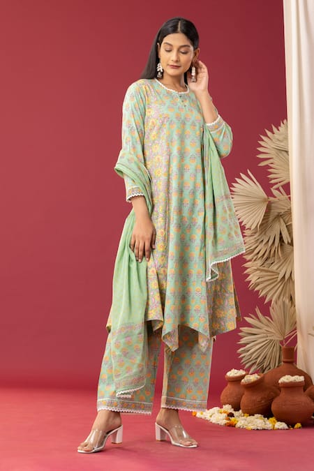 Buy Abbaran Green Cotton Embroidery Scoop Neck Floral Print Asymmetric Kurta Palazzo Set Online at Aza Fashions Buy_Abbaran_Green Cotton Embroidery Scoop Neck Floral Print Asymmetric Kurta Palazzo Set _Online_at_Aza_Fashions