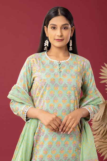 Shop Abbaran Green Cotton Embroidery Scoop Neck Floral Print Asymmetric Kurta Palazzo Set Online at Aza Fashions Shop_Abbaran_Green Cotton Embroidery Scoop Neck Floral Print Asymmetric Kurta Palazzo Set _Online_at_Aza_Fashions