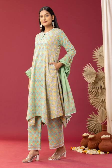 Abbaran Green Cotton Embroidery Scoop Neck Floral Print Asymmetric Kurta Palazzo Set at Aza Fashions Abbaran_Green Cotton Embroidery Scoop Neck Floral Print Asymmetric Kurta Palazzo Set _at_Aza_Fashions
