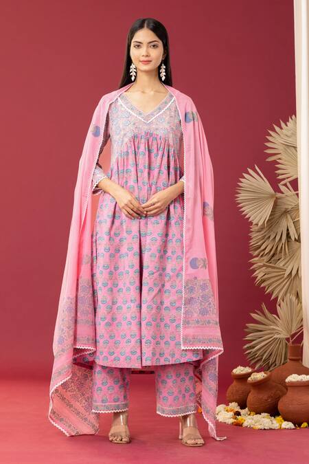 Abbaran Pink Cotton Embroidery V-neck Floret Print Anarkali Palazzo Set Online at Aza Fashions Abbaran_Pink Cotton Embroidery V-neck Floret Print Anarkali Palazzo Set _Online_at_Aza_Fashions