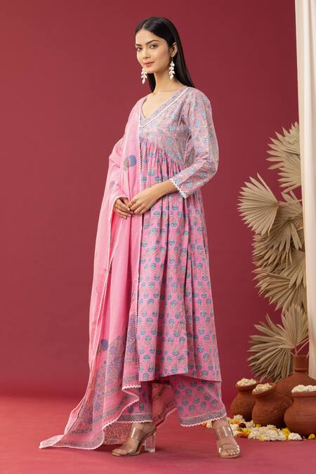 Buy Abbaran Pink Cotton Embroidery V-neck Floret Print Anarkali Palazzo Set Online at Aza Fashions Buy_Abbaran_Pink Cotton Embroidery V-neck Floret Print Anarkali Palazzo Set _Online_at_Aza_Fashions