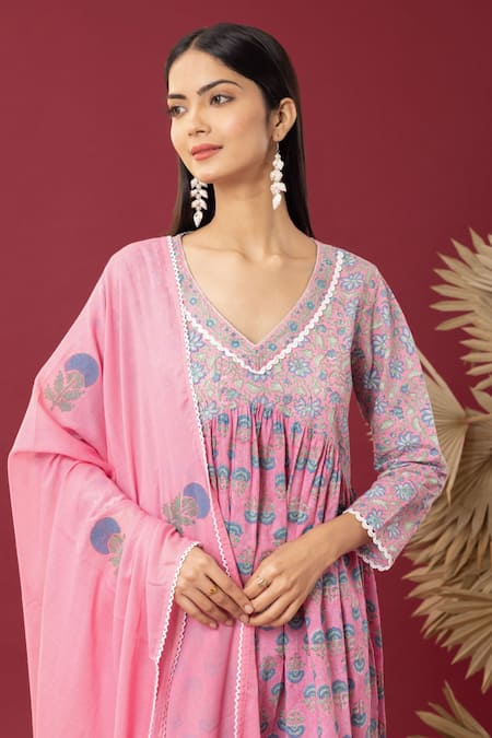 Abbaran Pink Cotton Embroidery V-neck Floret Print Anarkali Palazzo Set at Aza Fashions Abbaran_Pink Cotton Embroidery V-neck Floret Print Anarkali Palazzo Set _at_Aza_Fashions