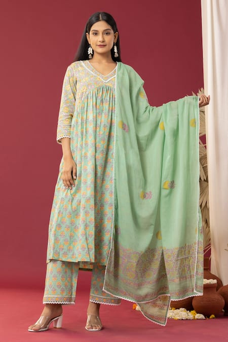 Abbaran_Green Cotton Embroidery V-neck Flower Print Anarkali Palazzo Set _Online_at_Aza_Fashions
