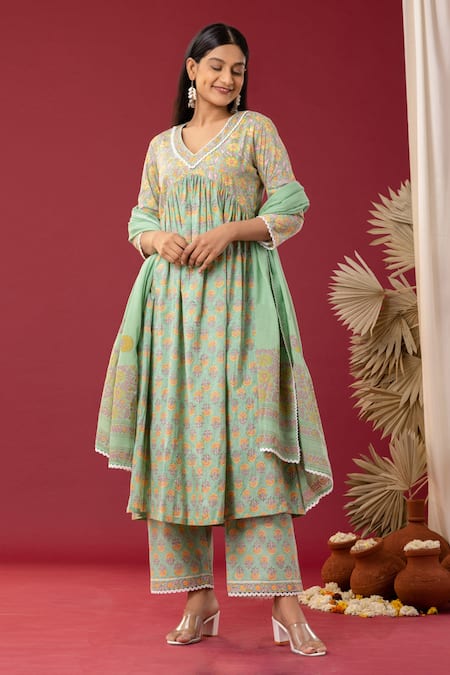 Shop_Abbaran_Green Cotton Embroidery V-neck Flower Print Anarkali Palazzo Set _Online_at_Aza_Fashions