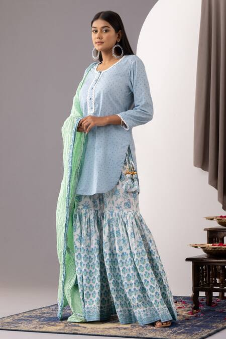 Abbaran Blue Cotton Embroidery Round Neck Hand Block Print Kurta Gharara Set Online at Aza Fashions Abbaran_Blue Cotton Embroidery Round Neck Hand Block Print Kurta Gharara Set _Online_at_Aza_Fashions