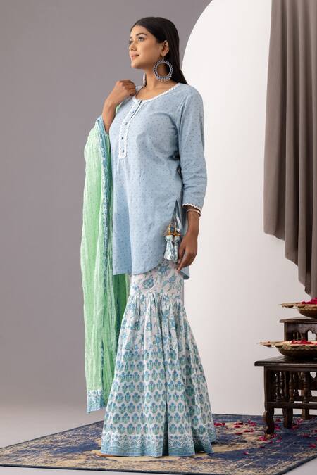 Buy Abbaran Blue Cotton Embroidery Round Neck Hand Block Print Kurta Gharara Set Online at Aza Fashions Buy_Abbaran_Blue Cotton Embroidery Round Neck Hand Block Print Kurta Gharara Set _Online_at_Aza_Fashions