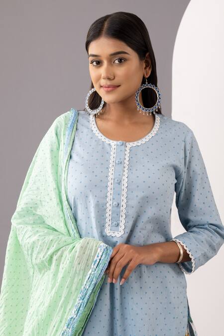 Shop Abbaran Blue Cotton Embroidery Round Neck Hand Block Print Kurta Gharara Set Online at Aza Fashions Shop_Abbaran_Blue Cotton Embroidery Round Neck Hand Block Print Kurta Gharara Set _Online_at_Aza_Fashions