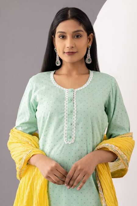 Shop_Abbaran_Green Cotton Embroidery, Gota Patti Round Neck Polka Dot Print Kurta Set _Online_at_Aza_Fashions