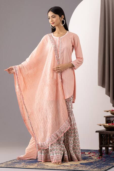 Abbaran_Pink , Satin Lace, Embroidery Round Neck Printed Kurta Gharara Set _Online_at_Aza_Fashions