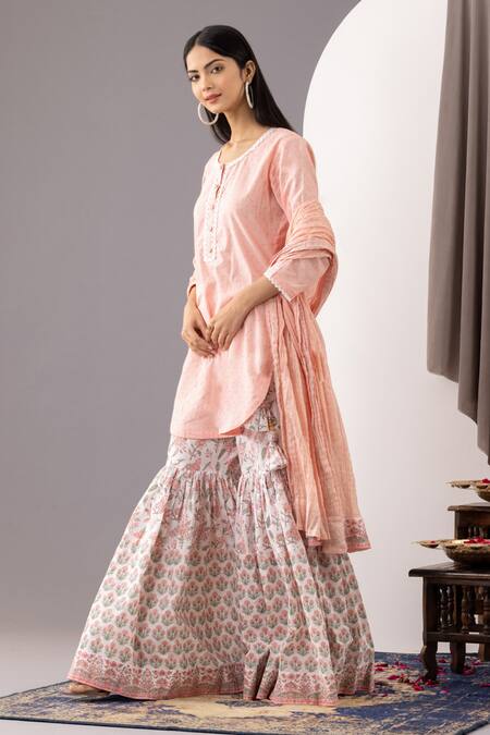 Buy_Abbaran_Pink , Satin Lace, Embroidery Round Neck Printed Kurta Gharara Set _Online_at_Aza_Fashions