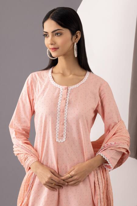 Shop_Abbaran_Pink , Satin Lace, Embroidery Round Neck Printed Kurta Gharara Set _Online_at_Aza_Fashions