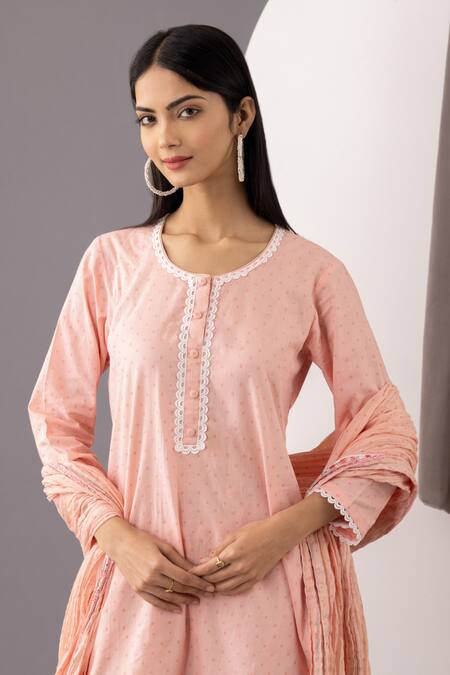Abbaran_Pink , Satin Lace, Embroidery Round Neck Printed Kurta Gharara Set _at_Aza_Fashions