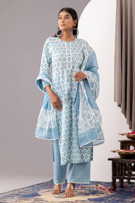 Abbaran Blue Cotton Lace Round Neck Floral Print Kurta Palazzo Set Online at Aza Fashions Abbaran_Blue Cotton Lace Round Neck Floral Print Kurta Palazzo Set _Online_at_Aza_Fashions