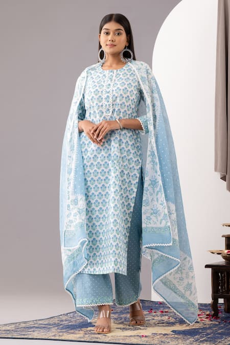 Buy Abbaran Blue Cotton Lace Round Neck Floral Print Kurta Palazzo Set Online at Aza Fashions Buy_Abbaran_Blue Cotton Lace Round Neck Floral Print Kurta Palazzo Set _Online_at_Aza_Fashions