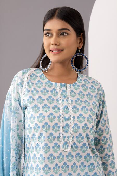 Abbaran Blue Cotton Lace Round Neck Floral Print Kurta Palazzo Set at Aza Fashions Abbaran_Blue Cotton Lace Round Neck Floral Print Kurta Palazzo Set _at_Aza_Fashions
