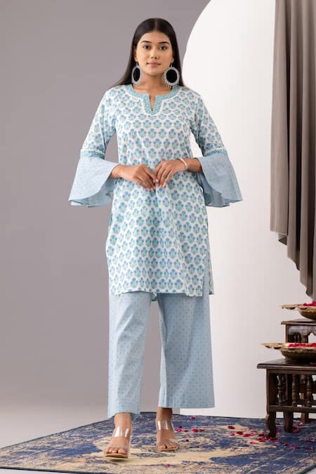 Abbaran_Blue Cotton Lace Split V-neck Floral Print Kurta And Palazzo Set_Online_at_Aza_Fashions