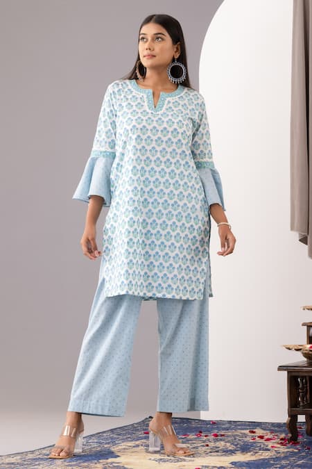 Shop_Abbaran_Blue Cotton Lace Split V-neck Floral Print Kurta And Palazzo Set_Online_at_Aza_Fashions