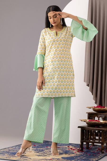 Buy_Abbaran_Ivory Cotton Embroidery Hand Block Print Kurta And Palazzo Set _Online_at_Aza_Fashions