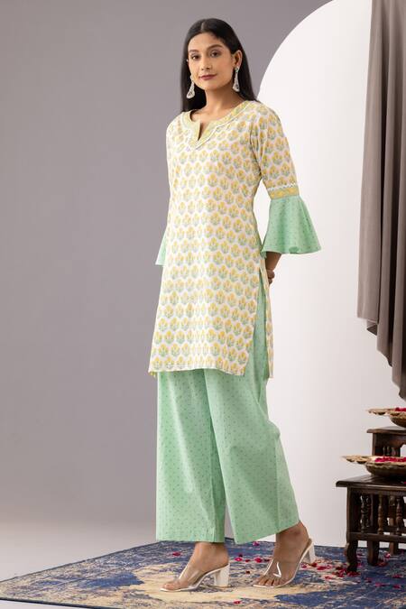 Shop_Abbaran_Ivory Cotton Embroidery Hand Block Print Kurta And Palazzo Set _Online_at_Aza_Fashions