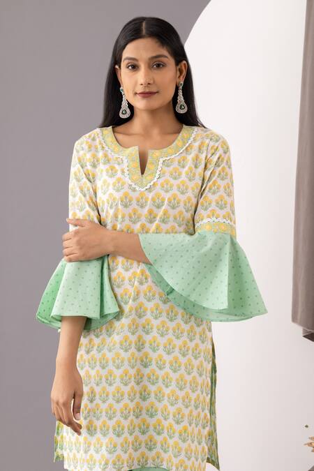 Abbaran_Ivory Cotton Embroidery Hand Block Print Kurta And Palazzo Set _at_Aza_Fashions