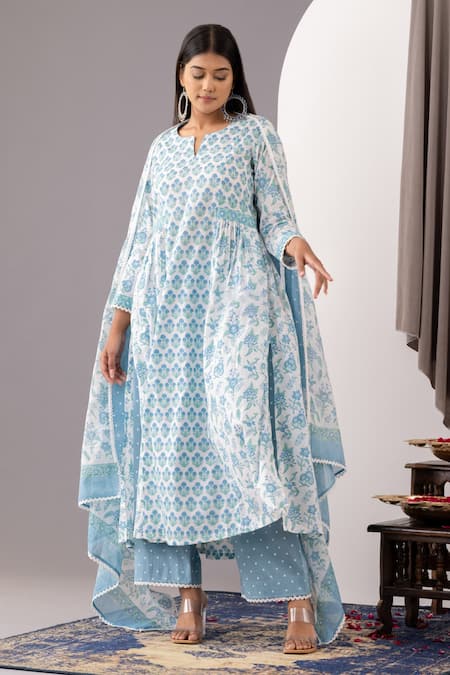 Abbaran_Blue , Satin Lace Split V-neck Hand Block Print Kurta Set _Online_at_Aza_Fashions