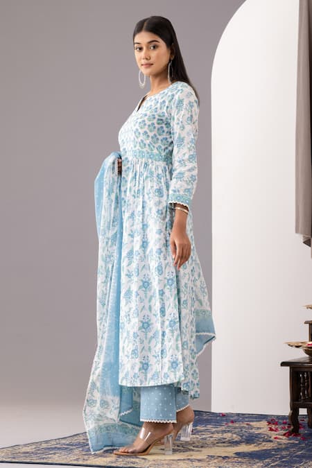 Buy_Abbaran_Blue , Satin Lace Split V-neck Hand Block Print Kurta Set _Online_at_Aza_Fashions