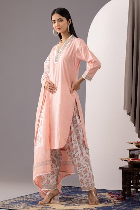 Buy_Abbaran_Pink , Satin Embroidery V-neck Printed Kurta Set_Online_at_Aza_Fashions