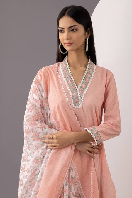 Abbaran_Pink , Satin Embroidery V-neck Printed Kurta Set_at_Aza_Fashions