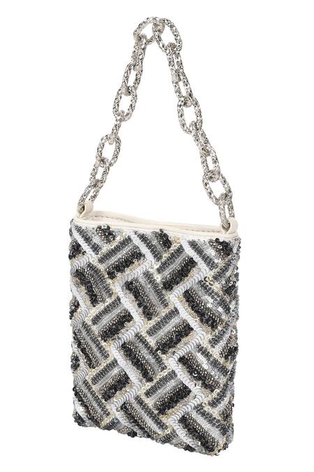 The Leather Garden_Silver Sequin Zinnia Leather Embellished Potli Bag _Online_at_Aza_Fashions