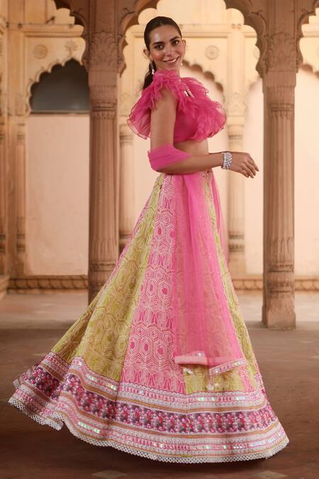 Dheeru Taneja Green Chanderi, Organza, Net Beads, Cut Zinnia Two Tone Embroidered Lehenga Set Online at Aza Fashions Dheeru Taneja_Green Chanderi, Organza, Net Beads, Cut Zinnia Two Tone Embroidered Lehenga Set _Online_at_Aza_Fashions