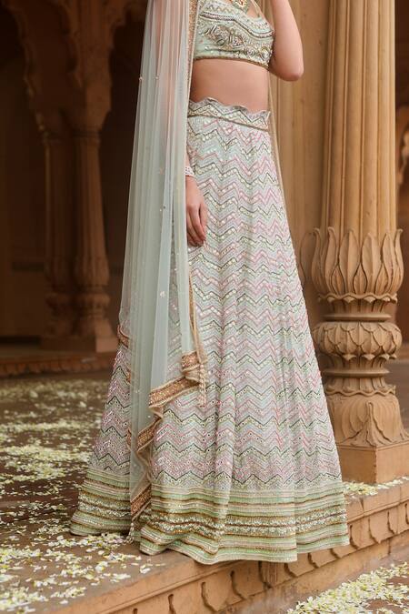 Buy_Dheeru Taneja_Green Georgette, Net Beads, Mirrors Scoop Ziva Embroidered Bridal Lehenga Set _Online_at_Aza_Fashions