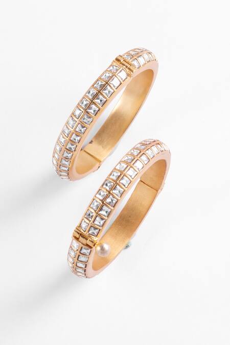 Shop_Zevar King_White Diamonds, Stones Jadau Kundan Bangles - Set Of 2 _Online_at_Aza_Fashions