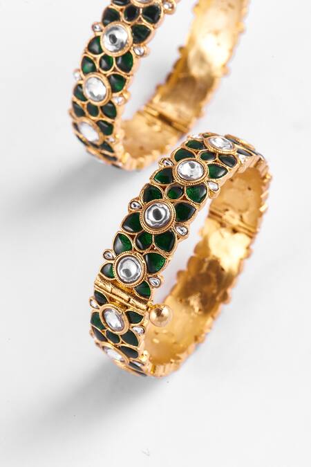 Zevar King_Green Diamonds, Stones Floral Pattern Jadau Kundan Bangles - Set Of 2 _Online_at_Aza_Fashions
