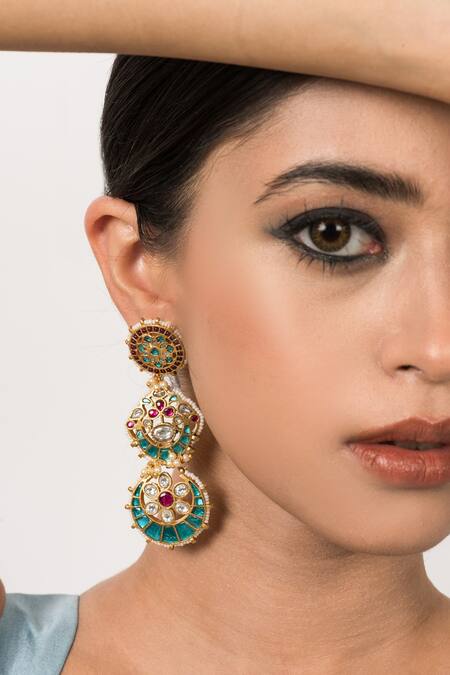 Buy_Zevar King_Multi Color Diamonds, Pearls Jadau Kundan Embellished Chandbalis _Online_at_Aza_Fashions
