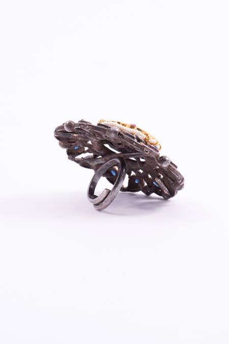 Zevar King_Multi Color Diamonds, Pearls Jadau Kundan Bird Motif Ring _Online_at_Aza_Fashions