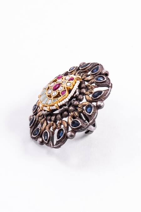 Buy_Zevar King_Multi Color Diamonds, Pearls Jadau Kundan Bird Motif Ring _Online_at_Aza_Fashions