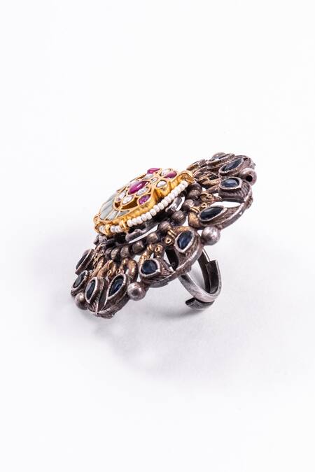 Zevar King_Multi Color Diamonds, Pearls Jadau Kundan Bird Motif Ring _at_Aza_Fashions