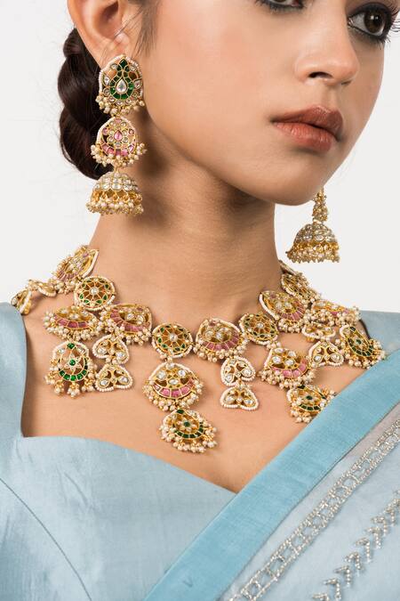 Zevar King_Multi Color Pearls, Stones Vintage Jadau Kundan Necklace Set _Online_at_Aza_Fashions