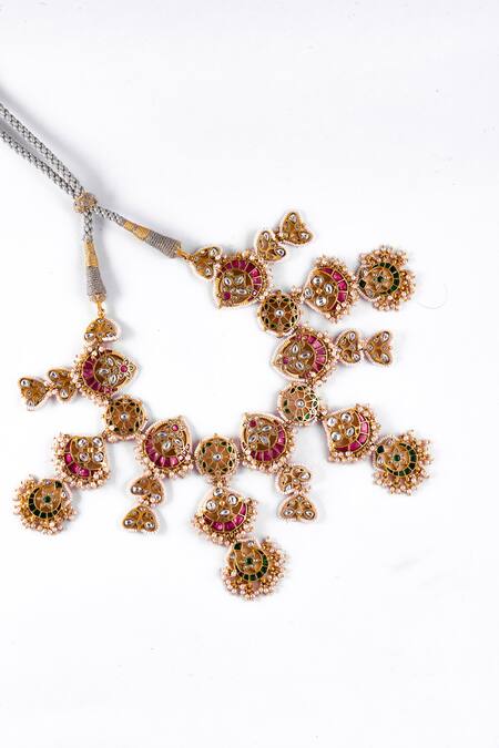 Buy_Zevar King_Multi Color Pearls, Stones Vintage Jadau Kundan Necklace Set _Online_at_Aza_Fashions