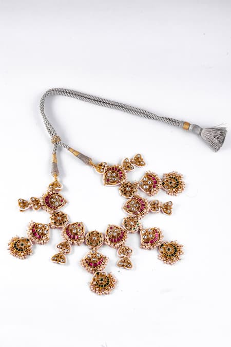 Shop_Zevar King_Multi Color Pearls, Stones Vintage Jadau Kundan Necklace Set _Online_at_Aza_Fashions