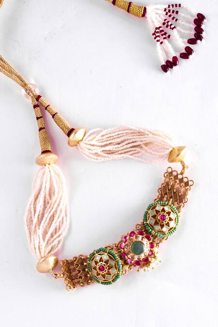 Shop_Zevar King_Multi Color Sequins, Stones Kundan Embellished Handmade Necklace Set _Online_at_Aza_Fashions