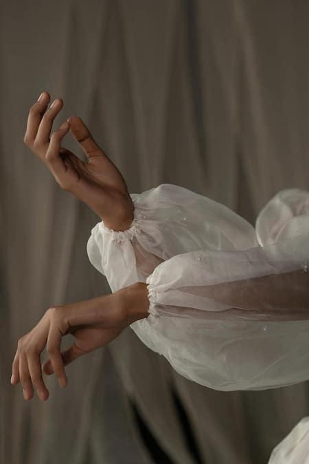 Zoon_Off White Silk Organza Embroidery Round Neck Placement Crop Top _at_Aza_Fashions